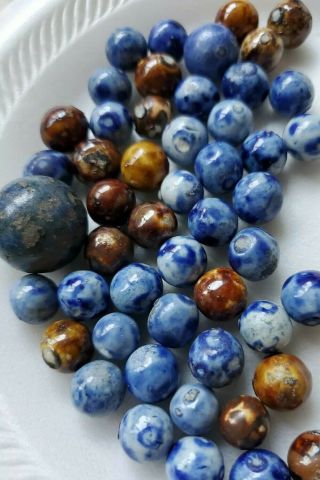 50 Antique Small Bennington Clay Marbles,  Blue & Brown,  1 Shooter