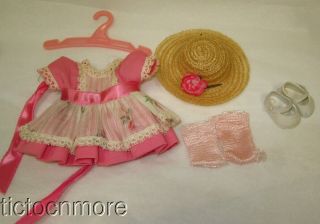 Vintage Tagged Vogue Ginny Doll Outfit Pink Dress Straw Hat White Shoes Hanger