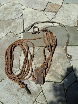 Very Large Antique Vintage Block And Tackle With Rope And Sling