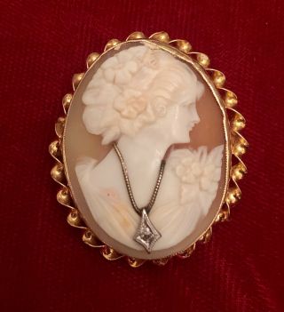 Antique Brooch 10kt Gold Hand - Carved Cameo,  Pendant,  Pin With Diamond