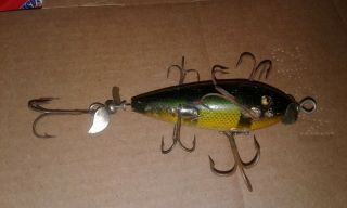 Vintage Unknown Wood Fishing Lure - Glass Eyes - 6 Treble Hooks - 2 Props