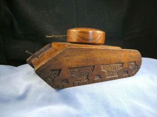 Wwii Vintage Hand Carved Wooden Desktop Military Army Tank Cigarette Trinket Box