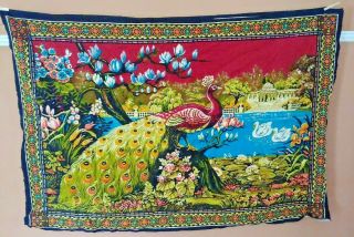 Vintage Tapestry Wall Hanging Peacock 100 Cotton Made In Turkey 56” X 38”