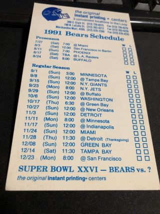 1991 Chicago Bears Football 3 1/2”x6” Schedule Card Instant Print Center Version