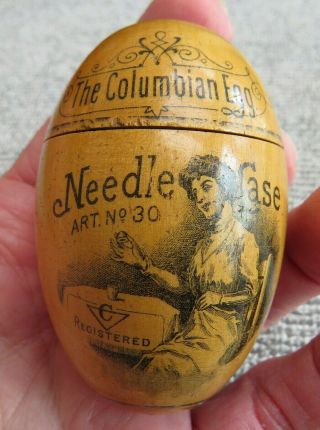 Antique Wood 1892 Columbian Egg Needle Case