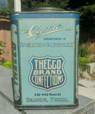 Antique Thecco Brand Coughlet Co.  Confections Candy Tin.  Reading,  Pennsylvania