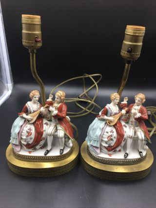 Vintage Porcelain Courting Couple Figural Lamps W/ Brass Base
