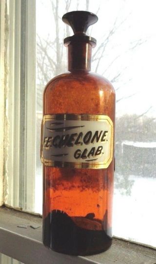 Antique Amber Glass Apothecary Bottle Reverse Painted Label Birth Control Herb