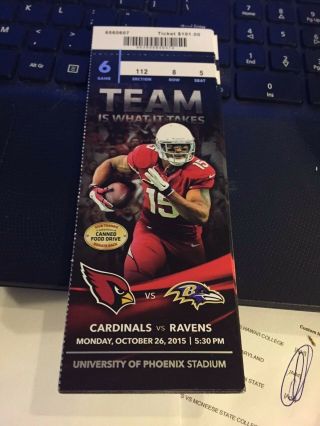 2015 Arizona Cardinals Vs Baltimore Ravens Nfl Ticket Stub 10/26 Nfl Football