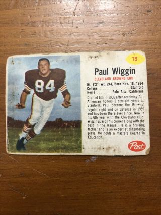 Paul Wiggin 1962 Post Cereal Football Card 75