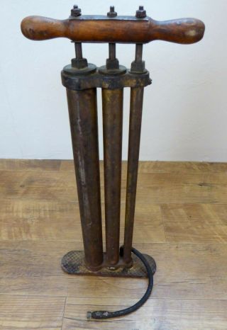 Antique Brass 3 Cylinder Pump Wood Handle Automobile Bike Tire Hand Pump