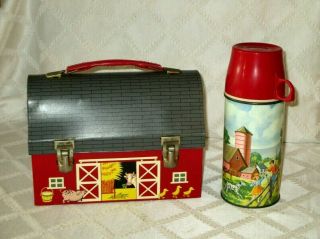 Vintage Red Barn - Open Doors - Metal Dome Lunchbox & Thermos - Farm Toy -
