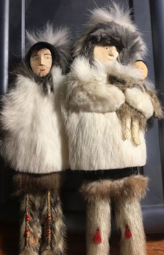 Vintage Alaskan Inuit Doll Family Carved Wood Face Inked Features Beaded Accents