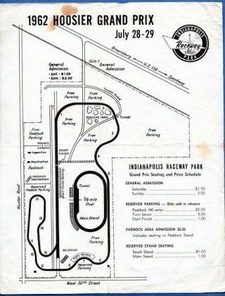 Hoosier Grand Prix Advertising July 28 - 29,  1962 Indianapolis Raceway Pk Incl Map