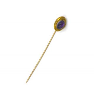 Antique Victorian Cabochon Amethyst Stick Pin Floral Accents 14k Yellow Gold
