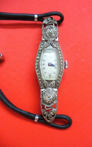 Antique/ Vintage Sterling Silver Marcasite Swiss Watch Felsus 15 Jewels
