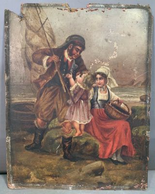 19thc Antique Nautical Old Fisherman & Family Man & Fish Net By Sea Oil Painting