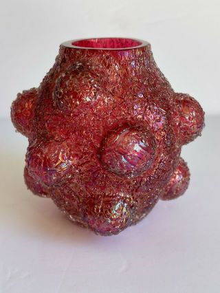Antique Austrian Bohemian Blown Cranberry Overshot Glass Vase With Bulges 3 3/4 "