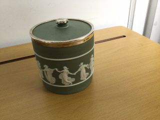 Antique Wedgwood Jasperware Green & White Biscuit Jar Solid Silver Rim