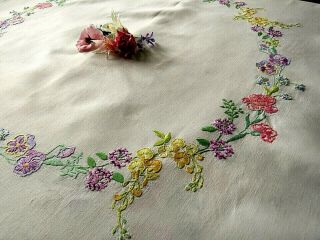 Vintage Hand Embroidered Tablecloth - Circle Of Delicate Flowers