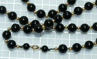 Antique 14k Yellow Gold Black Onyx Ball Bead Single Strand Necklace 24 " Long