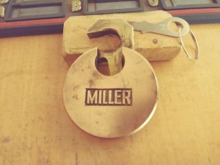 Antique/vintage Miller Logo Champion 6 Lever Push Key Pancake Padlock W/key 54