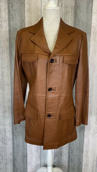 Vintage Tan Brown Real Leather Blazer Jacket Size Uk M 12 - 14