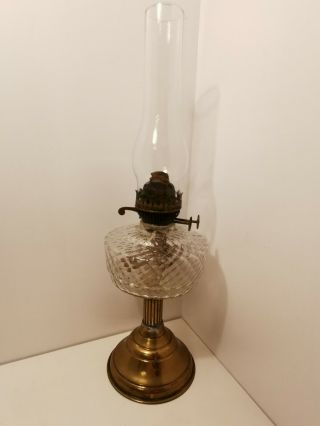 Victorian Antique Brass And Clear Glass Oil Lamp And Shute