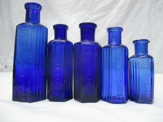 Stunning Set Of Cobalt Blue Vintage Antique Old Poison Bottles Chemist Medicine