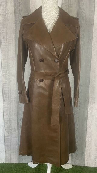 Vintage Tan Brown Real Leather Long Trench Coat Size S / Uk 8 - 10
