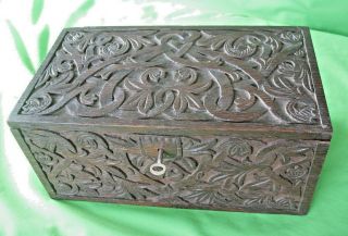 Old Antique Anglo Indian Hand Carved Wooden Keepsake Box With Key