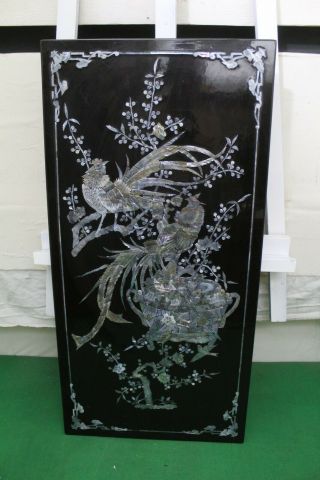 Chinese Black Lacquered Wall Plaque Panel,  Mother Of Pearl Inlay Peacock Scene