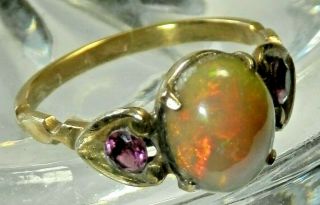 Very Fine Antique Art Deco Era Silver Gilt Ring - Fire Opal And Garnet Hearts