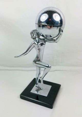 Antique Art Deco Chromed Figural Lady Holding A Hinged Ball