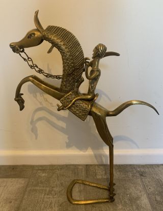 Large Antique / Vintage Brass Horseman Warrior On A Rearing Horse.  49 Cms Tall