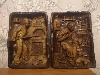 2 Vintage Carved Wooden Wall Plaques Of Men At Work A Blacksmith & A Baker