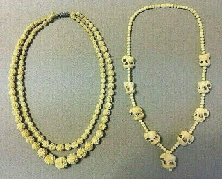 2 X Vintage Bovine Bone Bead Necklaces Carved Beads Antique