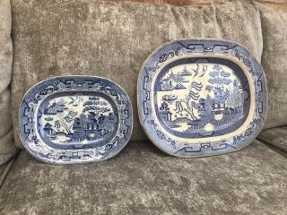 2no Antique Pearlware Blue & White Willow Meat/serving Platters,  Width 16” & 10”