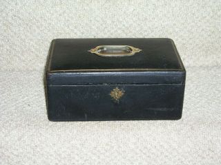 Antique Campaign Leather Covered Box With Gold Banding And Brass Handle