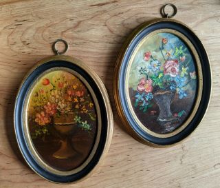 Vtg Oval Floral Oil Paintings Pair Hand Painted Clifford Art Studios