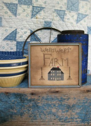 Well Swept Farm Sampler Cross Stitch On Linen Antique Wood Frame