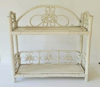 White Vintage Wicker 2 - Tier Wall Hanging Or Standing Shelf Rattan Bamboo