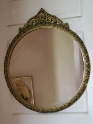 Vintage Carved Wood Gold Gilt Oval Round Mirror Large Hollywood Regency