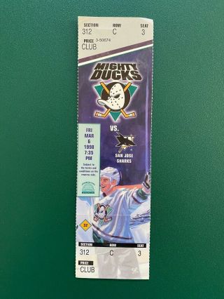 1998 Anaheim Mighty Ducks Vs San Jose Sharks Ticket Stub Vernon 323 Win