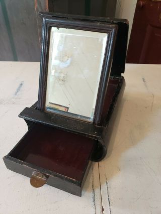 Vintage Antique Barber Shaving Wooden Box With Mirror Caddy Folky Traveling Wood