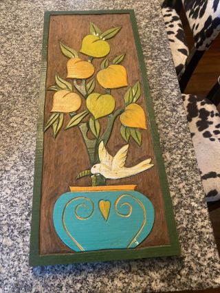 Vintage Wooden Carved Lemon Tree And Bird Painted Wall Decor Piece -