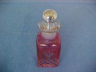 Antique Cranberry Ruby Glass Cut To Clear Scent Bottle With Silver Stopper