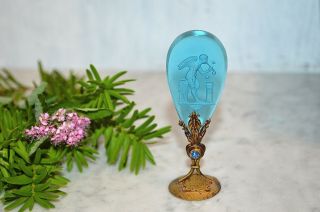 Antique Czech Blue Glass Intaglio Jeweled Place Card Holder Angel Blowing Bubble