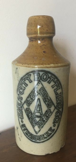 Antique Salt City Stoneware Beer Ale Soda Bottle With Cobalt Blue Trade Mark