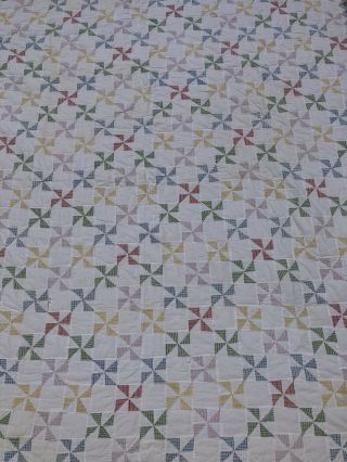 Vintage Hand Stitched Pinwheel Pattern Quilt Feedsack 86” x 94” USA 3